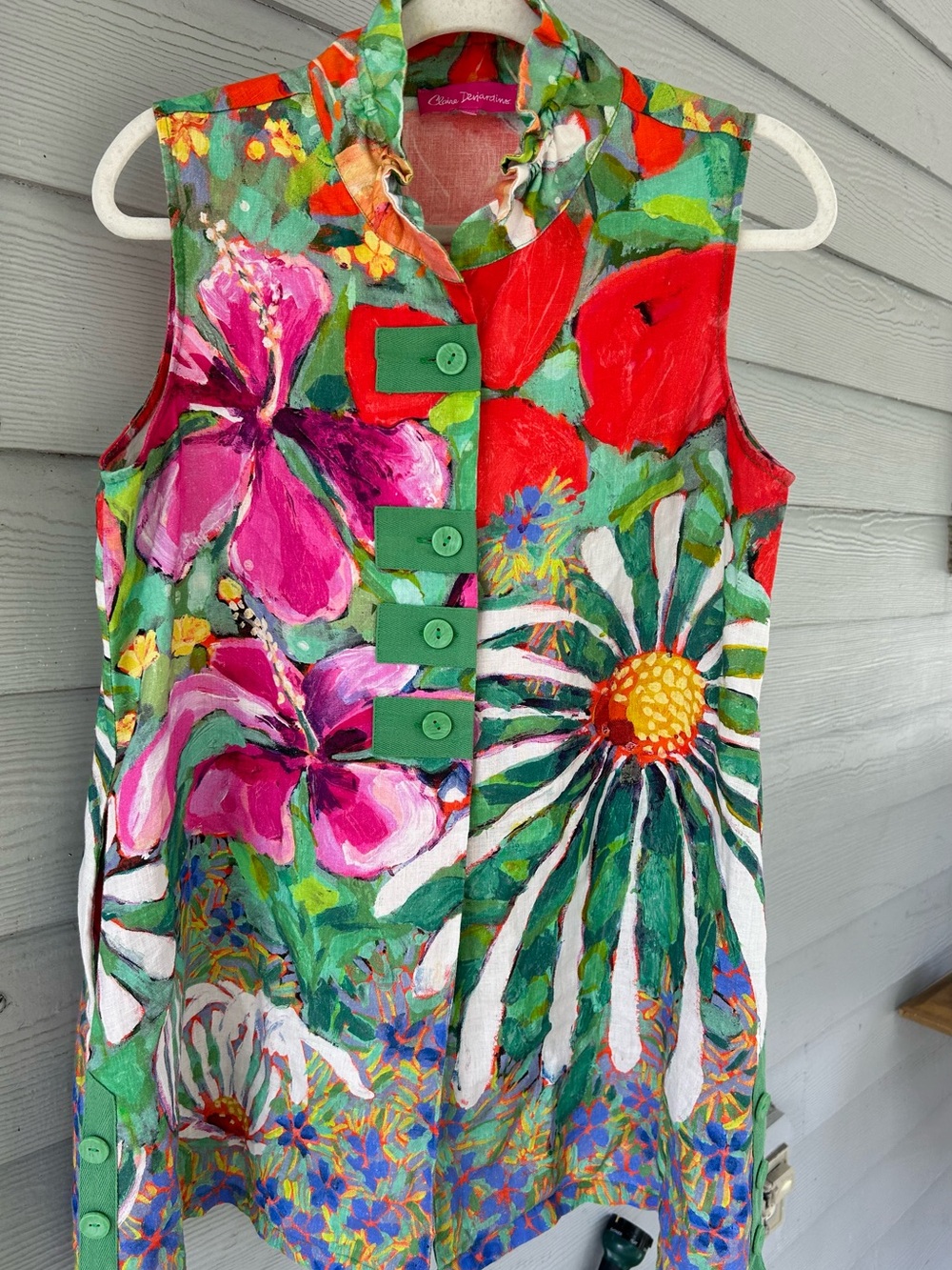 Claire Desjardins Linen Floral Sleeveless Large whimsical Boho Resort Wear Top